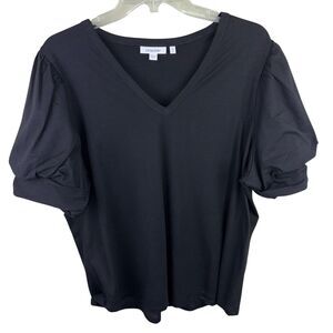 Chico's V-Neck Puff Sleeve Top Black Size XL Cotton Blend Classic Workwear